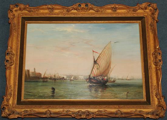 Attributed to James Meadows (1798-1864) Shipping off Venice, 13 x 19.25in.